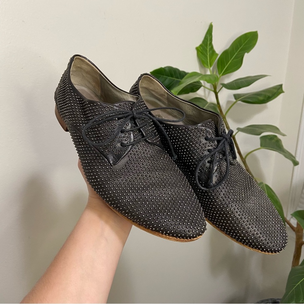 Marsell Black Leather Silver Studded Oxford Loafer Shoes
